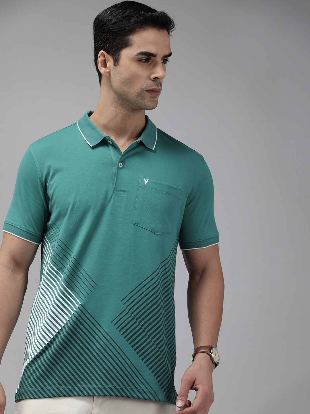 

Van Heusen Men Striped With Chest Pocket Polo Collar T-shirt, Green