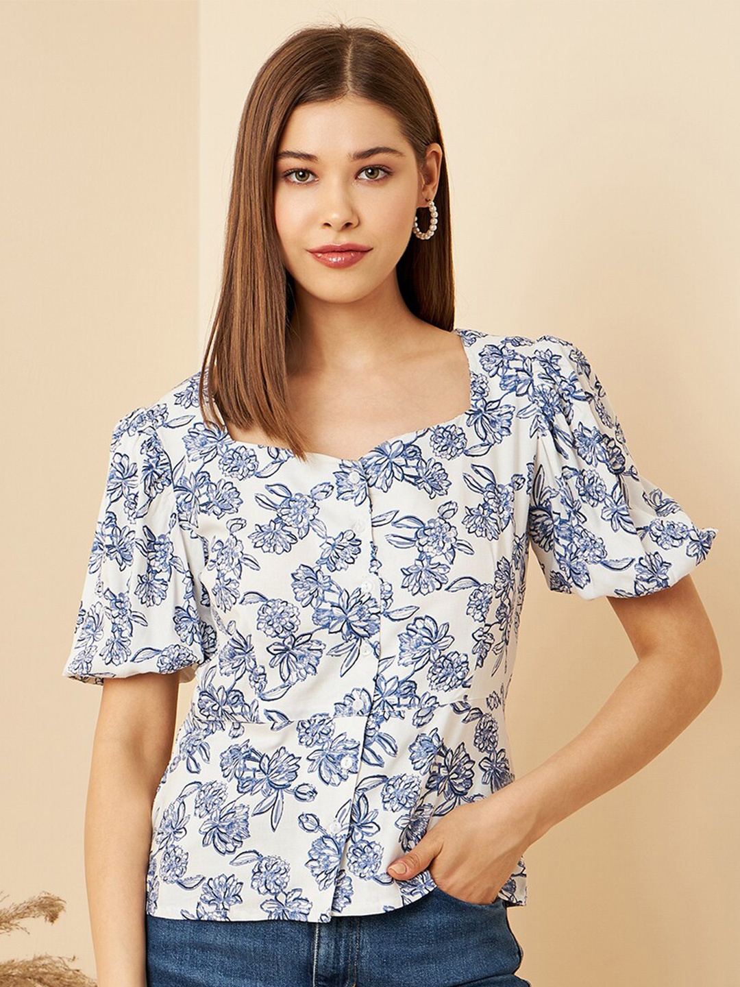 

RARE White & Blue Colour Floral Printed Puff Sleeve Top