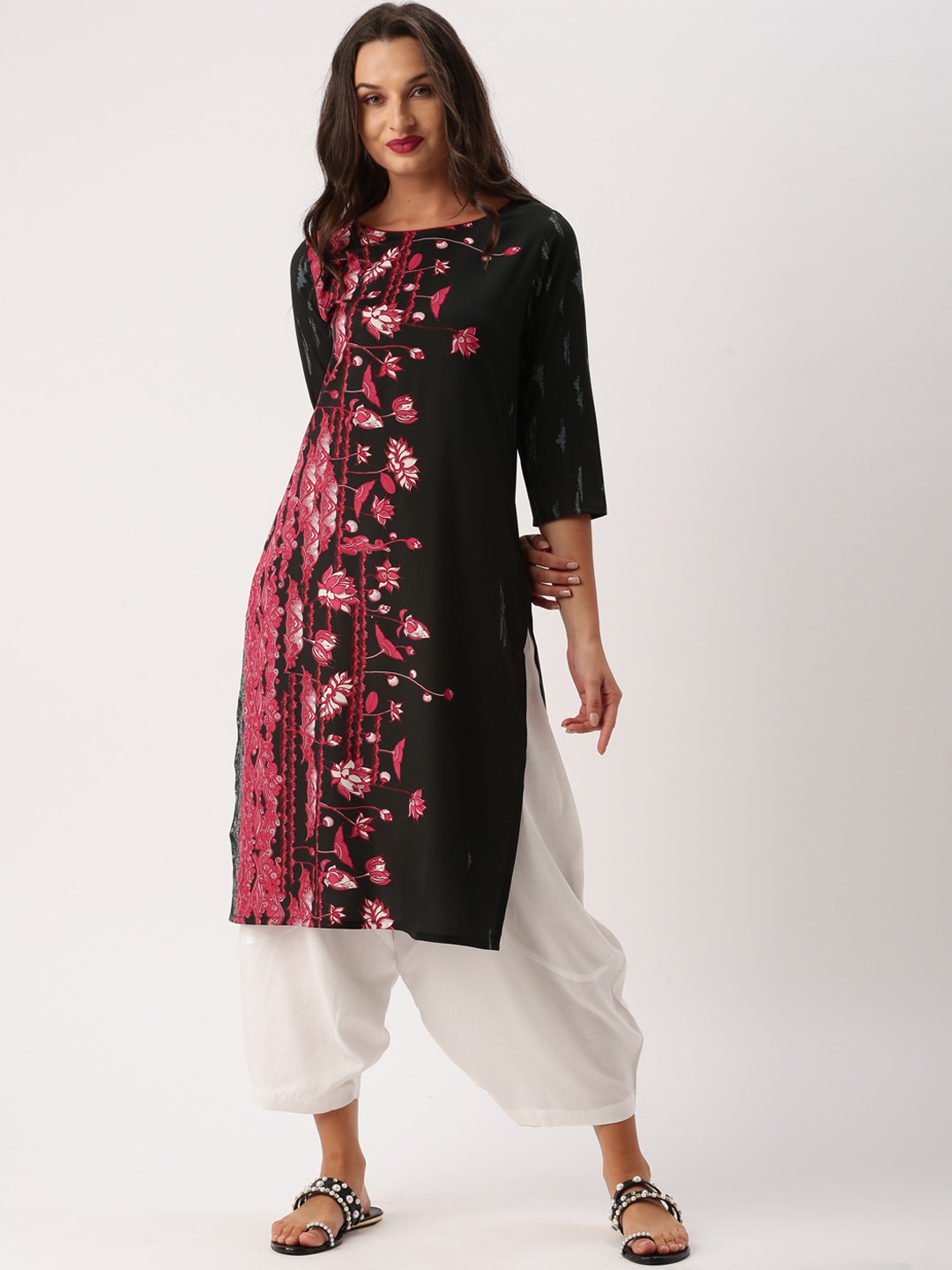 

IMARA Women Black & Pink Printed A-Line Kurta