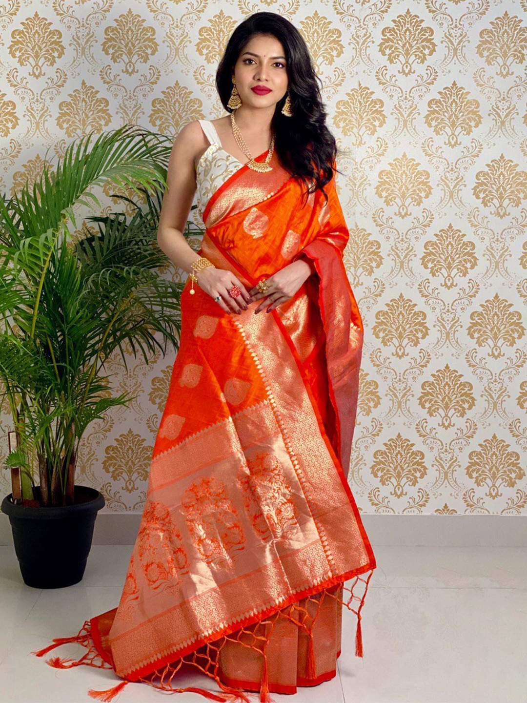 

VEERAX Ethnic Motifs Woven Design Zari Pure Silk Banarasi Saree, Orange