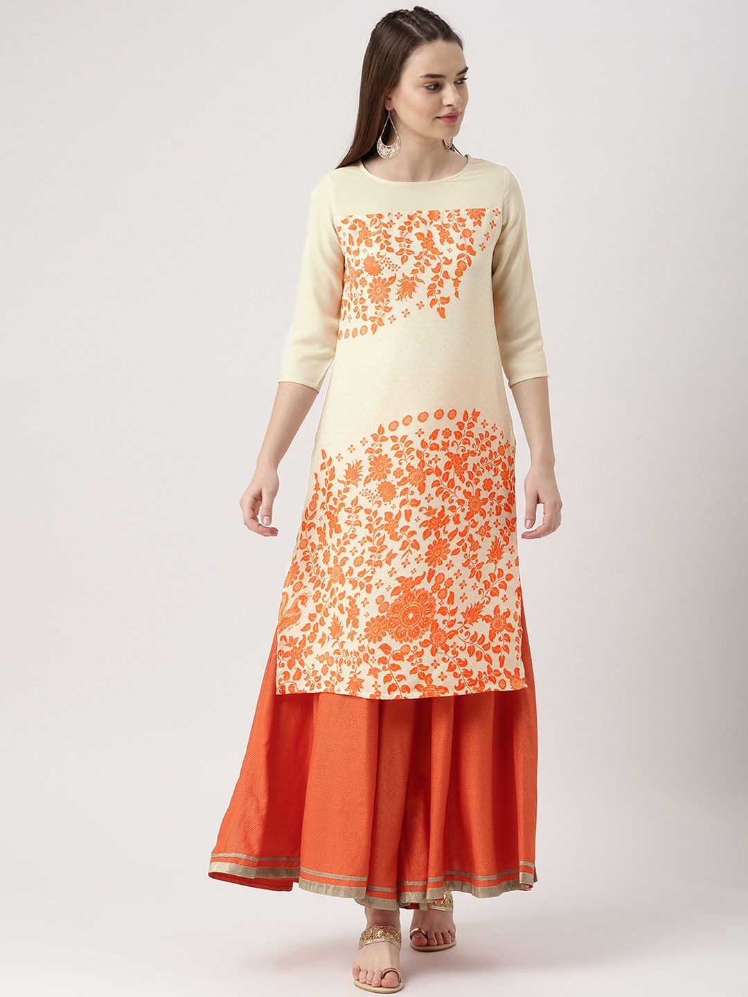 

IMARA Women Off-White & Orange Printed A-Line Kurta