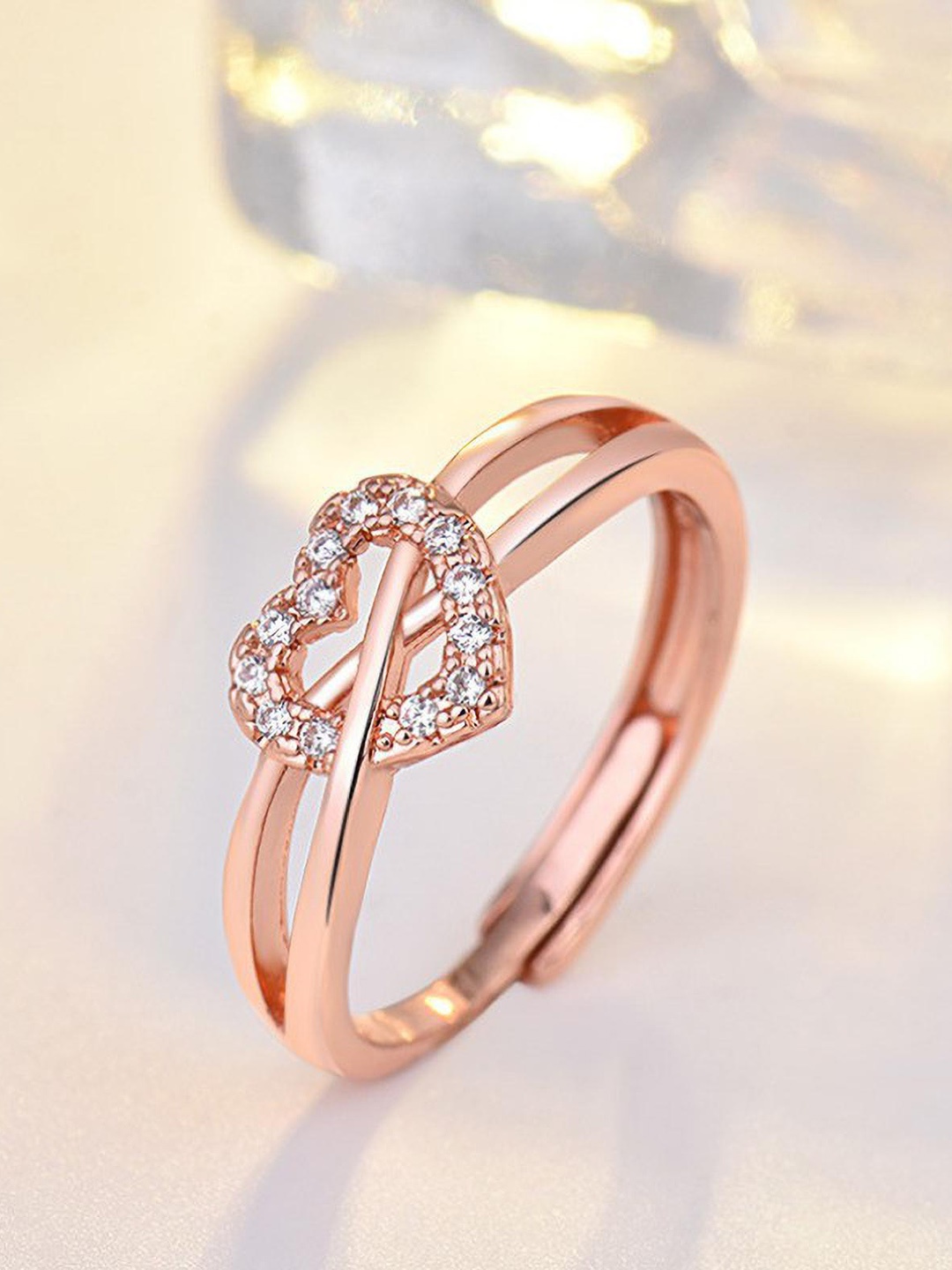 

MYKI Rose Gold-Plated & CZ Stone-Studded Heart Shaped Adjustable Finger Ring