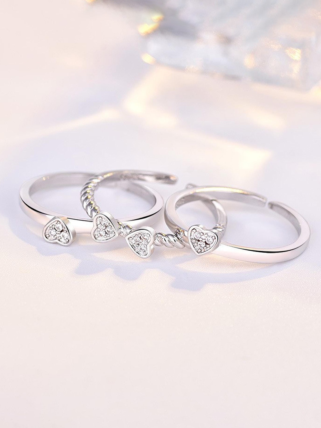 

MYKI Set Of 3 Silver-Plated CZ Stone-Studded Finger Ring