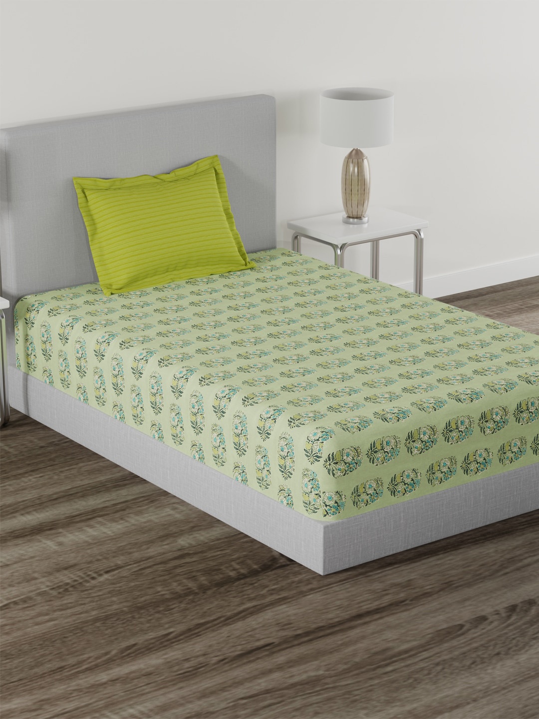 

MYTRIDENT Green Blue Floral Cotton 144 TC Single Bedsheet With 1 Pillow Cover