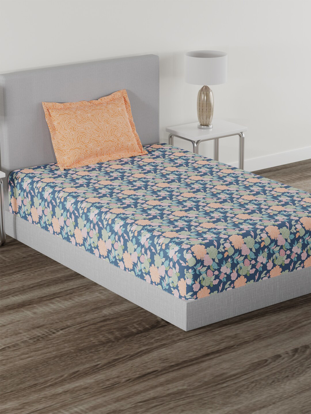 

MYTRIDENT Blue Orange Floral Cotton 144 TC Single Bedsheet With 1 Pillow Cover