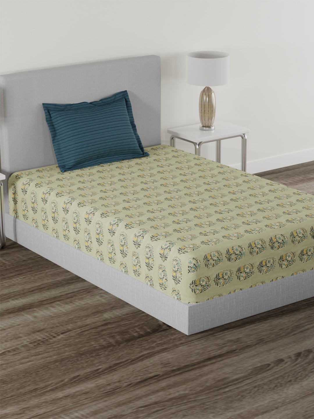 

MYTRIDENT Beige Blue Ethnic Motifs Cotton 144 TC Single Bedsheet With 1 Pillow Cover