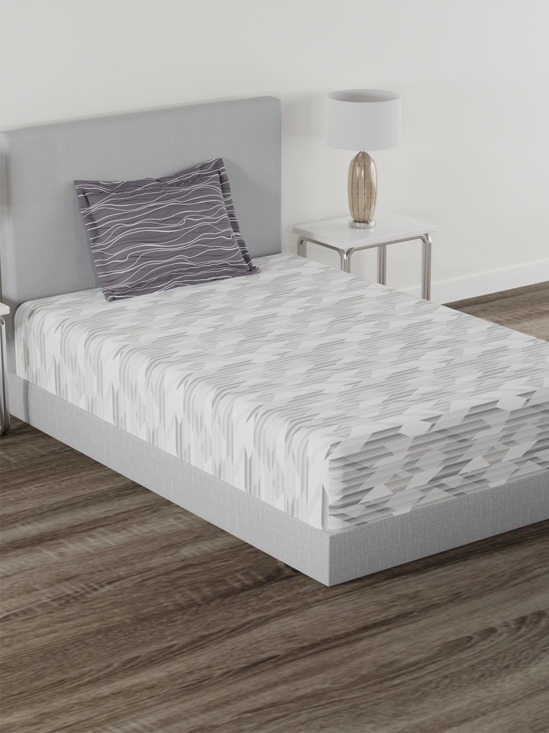 

MYTRIDENT Grey White Printed Cotton 144 TC Single Bedsheet With 1 Pillow Cover