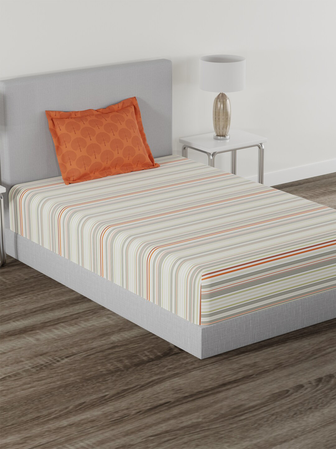 

MYTRIDENT Orange Green Striped 144 TC Single Bedsheet With 1 Pillow Cover