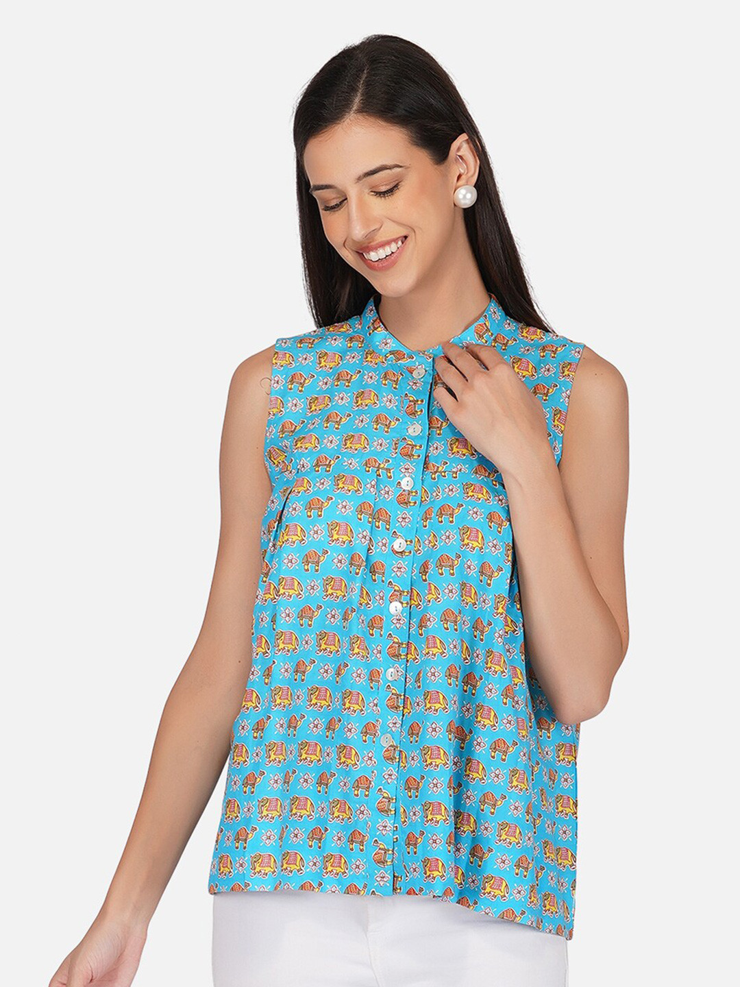 

KALINI Ethnic Motifs Printed Pure Cotton A-Line Top, Blue
