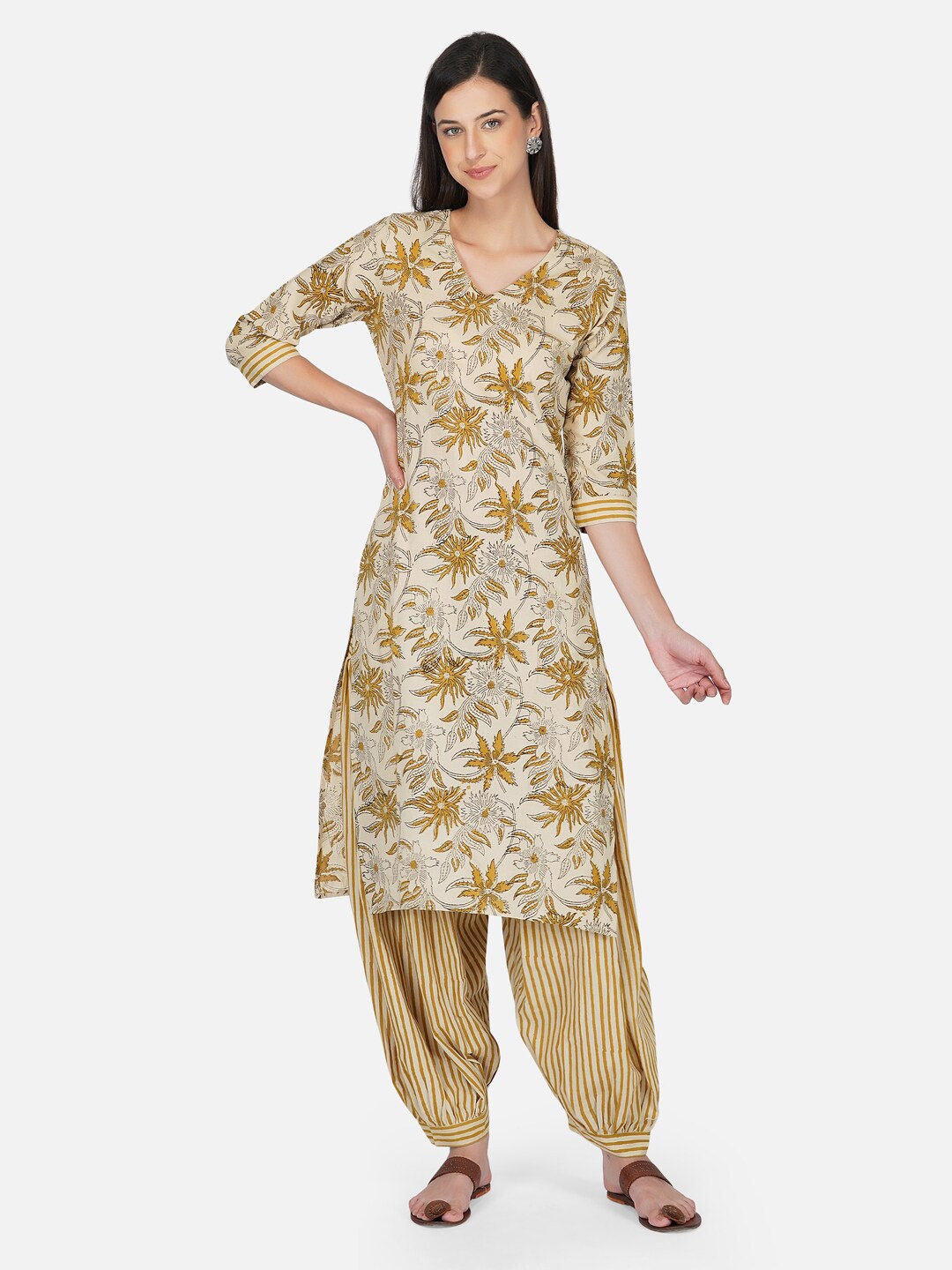 

KALINI Floral Block Printed Pure Cotton Kurta with Salwar, Mustard