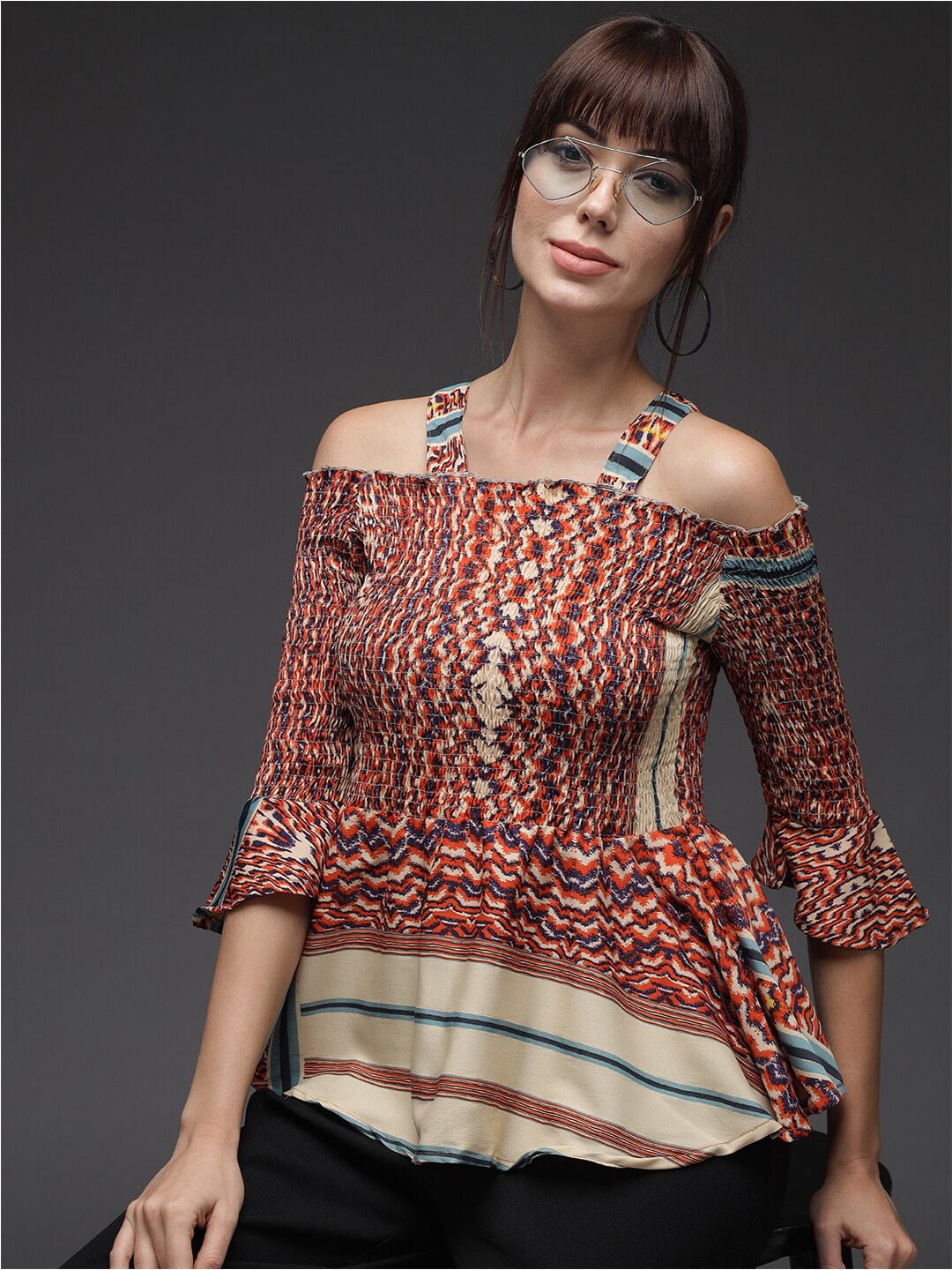 

BAESD Abstract Printed Shoulder Straps Bell Sleeves Smocking Detail Bardot Top, Brown