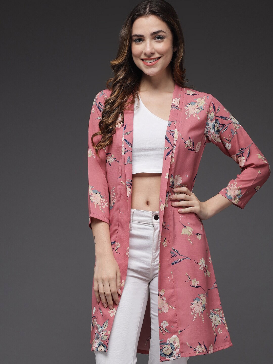 

BAESD Floral Printed Button Georgette Longline Shrug, Pink