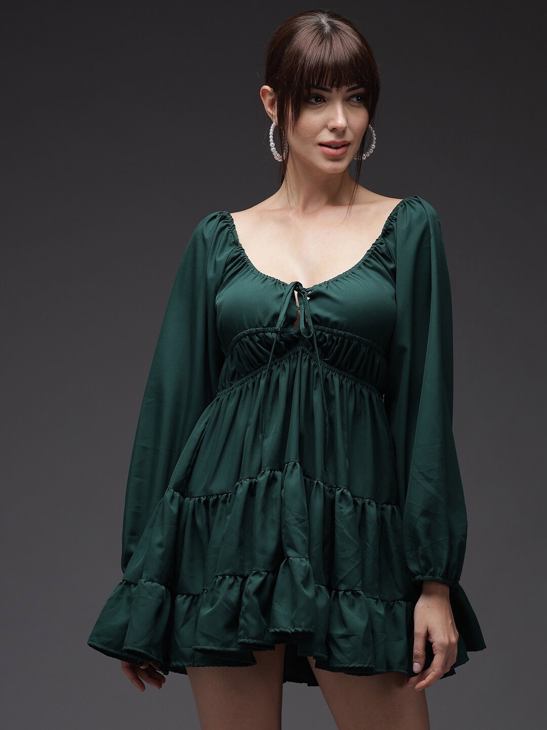 

BAESD Tie-Up Neck Puff Sleeves Crepe Empire Mini Dress, Green