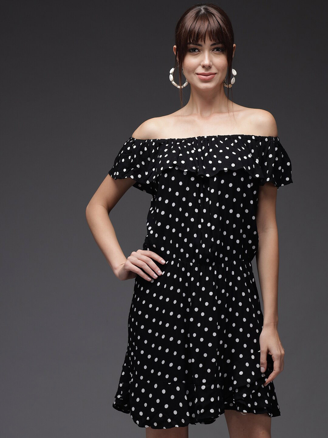 

BAESD Polka Dot Printed Off-Shoulder A-Line Dress, Black