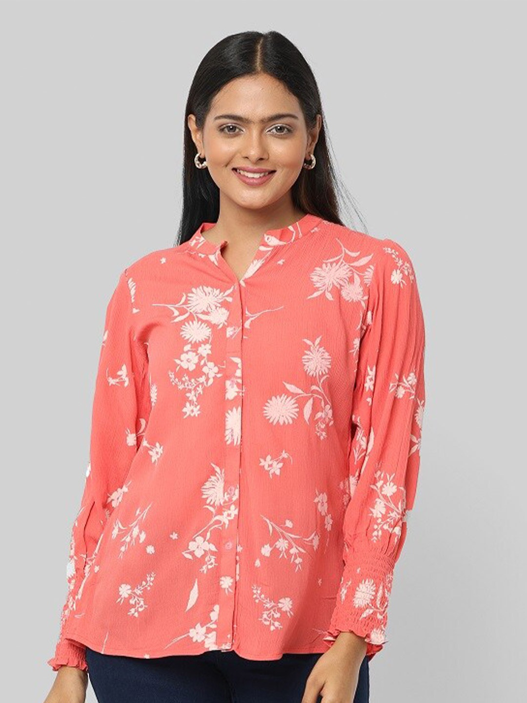 

GLORY & I Classic Floral Printed Smocked Sleeves Shirt, Coral