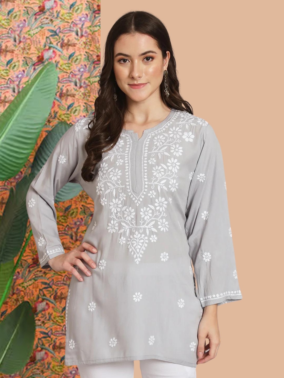 

PARAMOUNT CHIKAN Women Embroidered Lucknowi Chikankari Modal Kurti, Grey