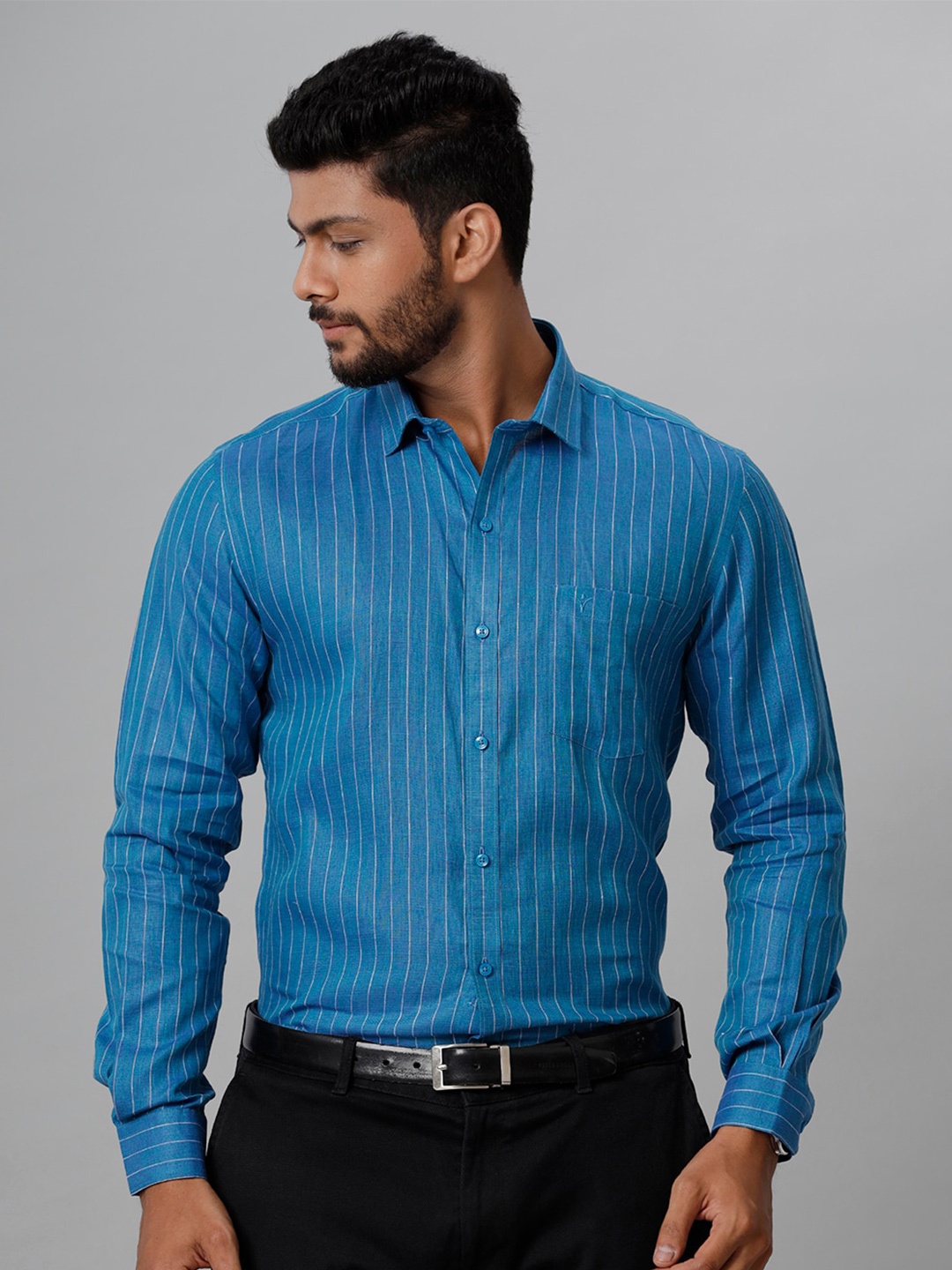 

Ramraj Smart Tailored Fit Striped Linen Formal Shirt, Blue