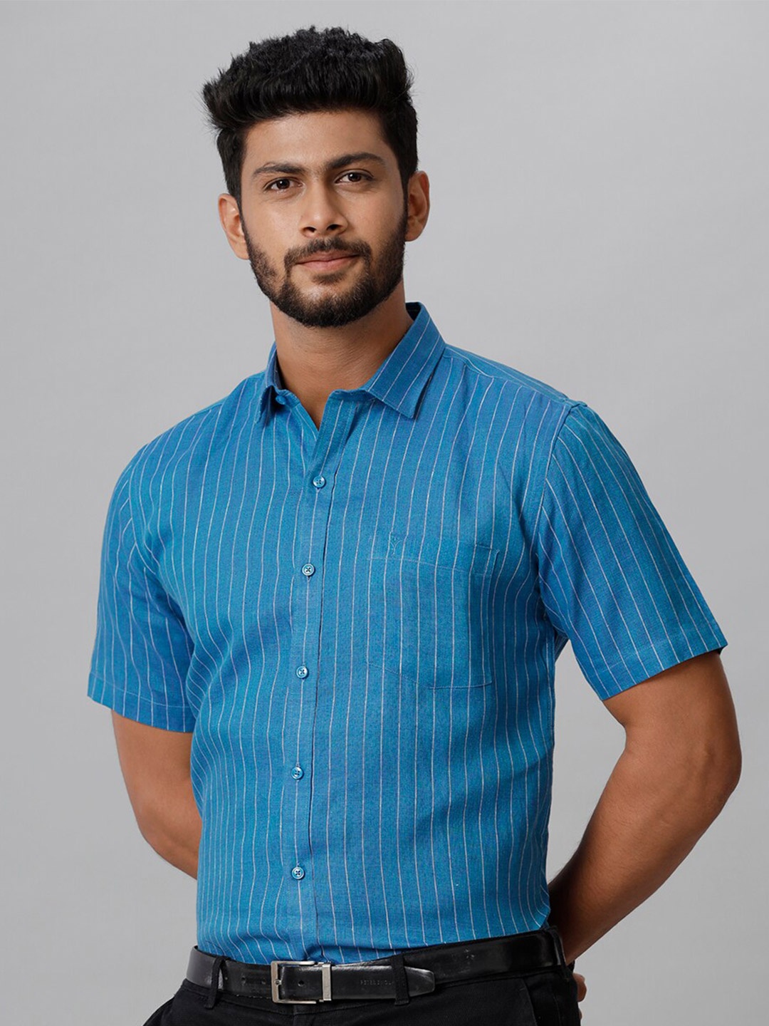 

Ramraj Vertical Striped Smart Tailored Fit Linen Formal Shirt, Blue