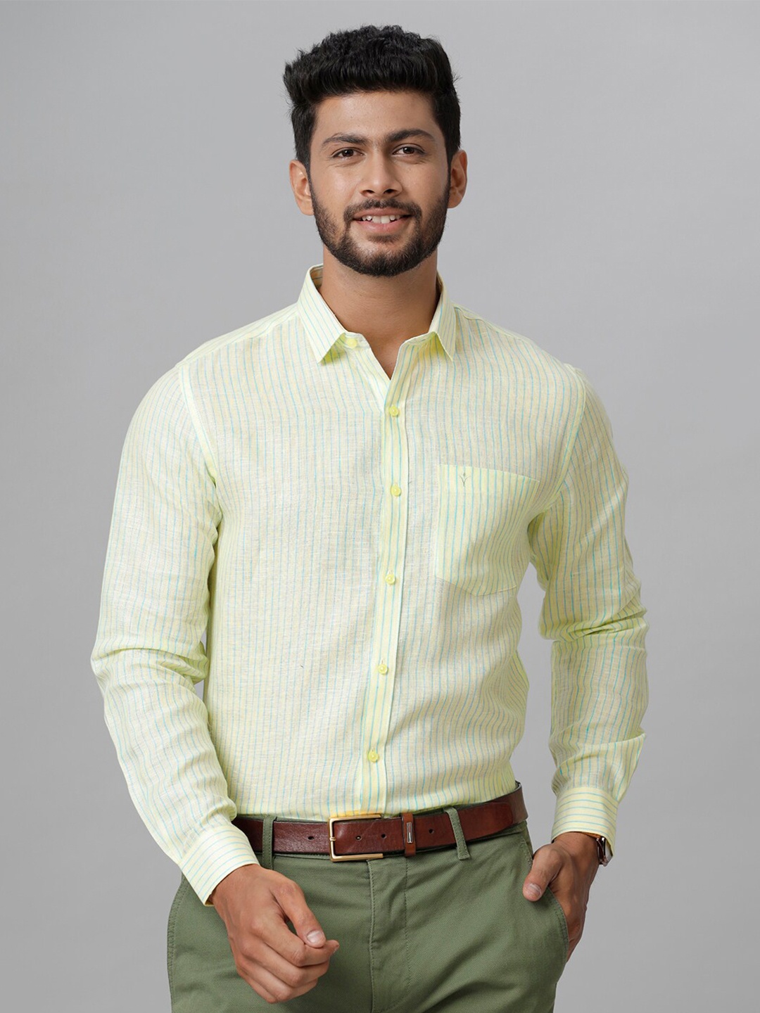 

Ramraj Vertical Striped Smart Tailored Fit Linen Formal Shirt, Yellow