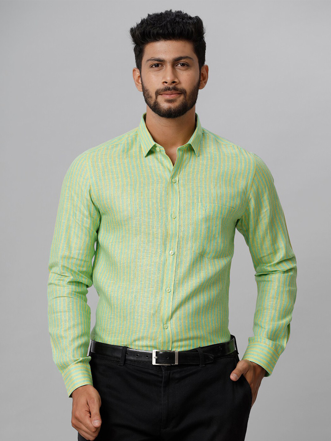 

Ramraj Smart Tailored Fit Striped Linen Formal Shirt, Green