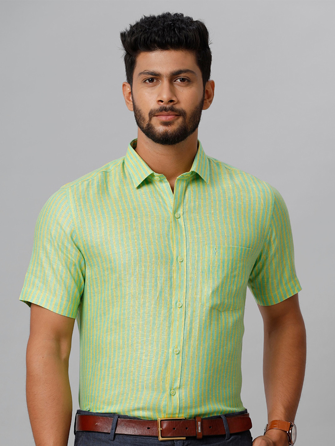 

Ramraj Smart Tailored Fit Opaque Striped Linen Casual Shirt, Green