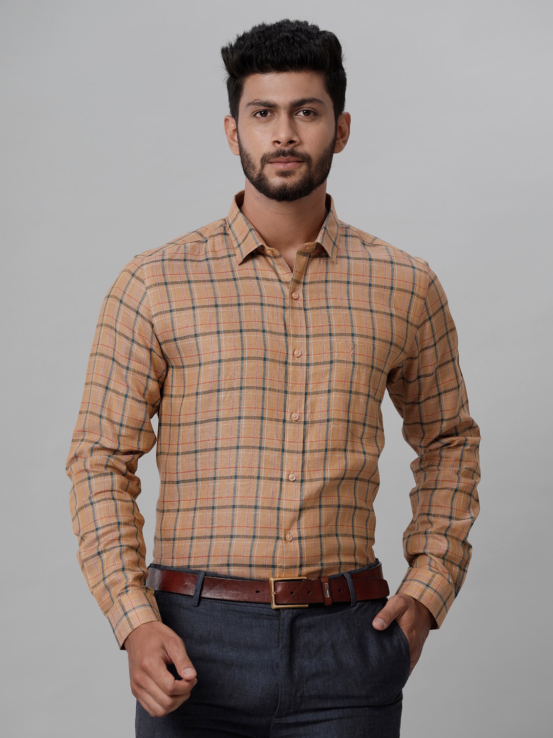 

Ramraj Smart Checked Tailored Fit Linen Formal Shirt, Brown