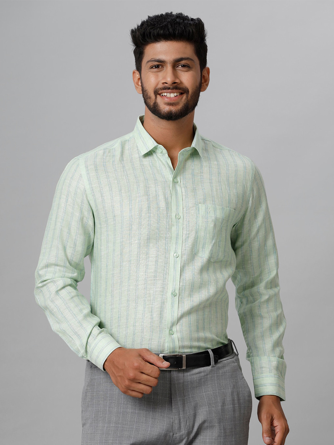 

Ramraj Vertical Striped Smart Tailored Fit Linen Formal Shirt, Green