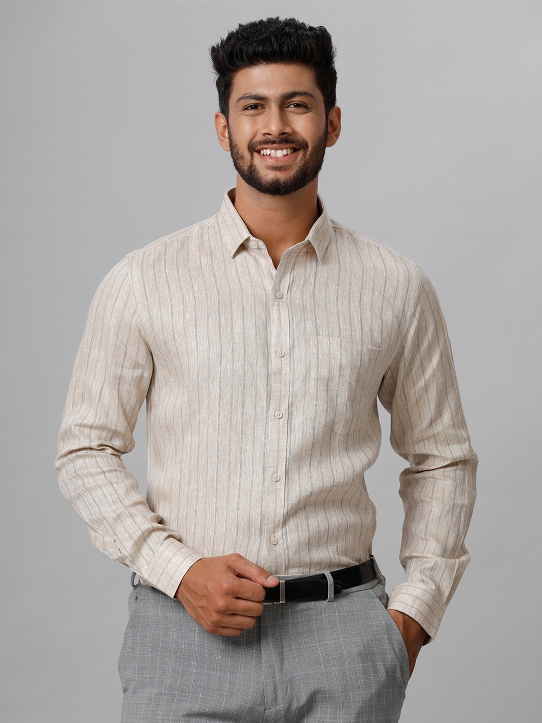 

Ramraj Smart Tailored Fit Striped Linen Formal Shirt, Cream