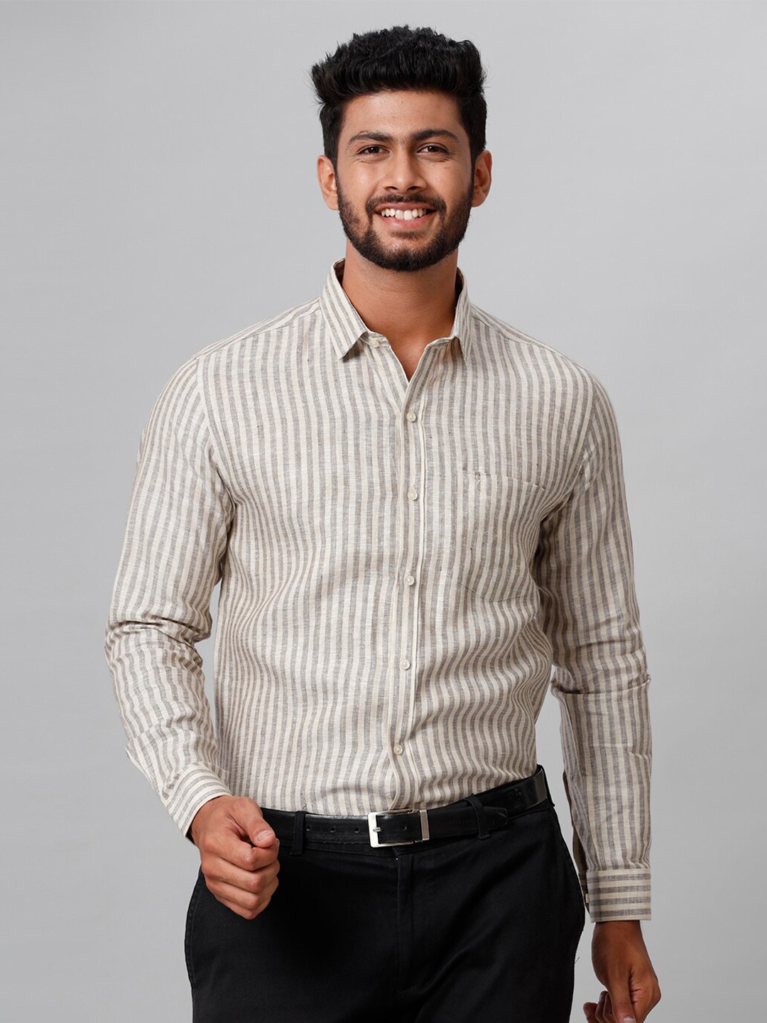 

Ramraj Smart Vertical Striped Linen Tailored Fit Formal Shirt, Brown
