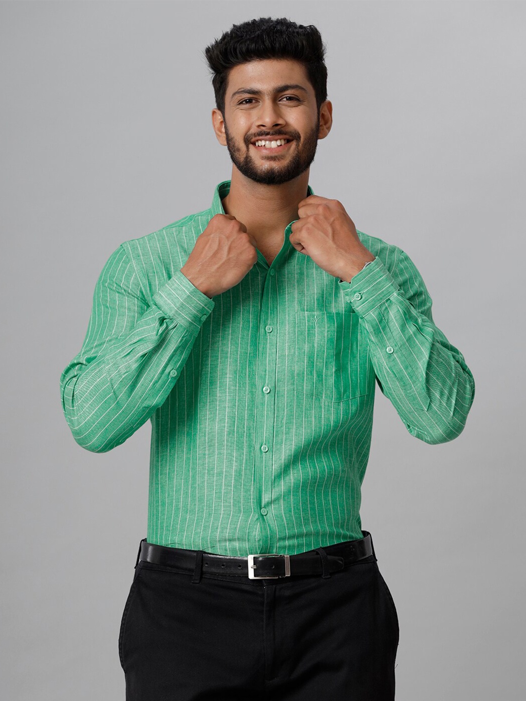 

Ramraj Smart Tailored Fit Striped Linen Formal Shirt, Green