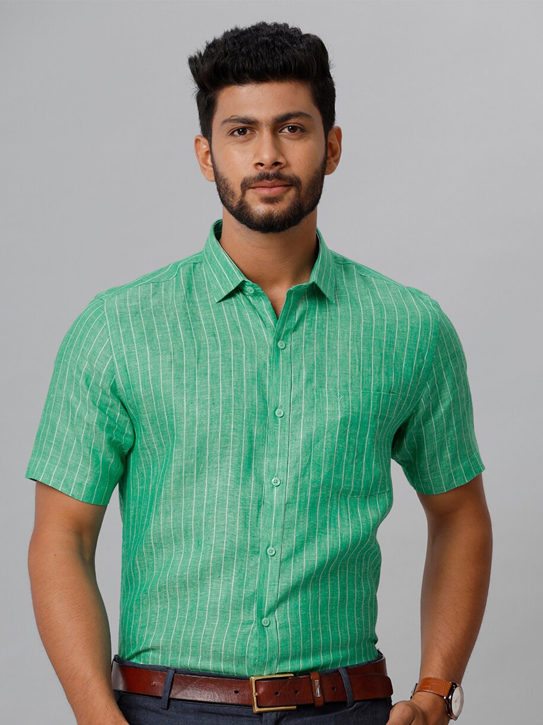 

Ramraj Smart Vertical Striped Tailored Fit Linen Formal Shirt, Green
