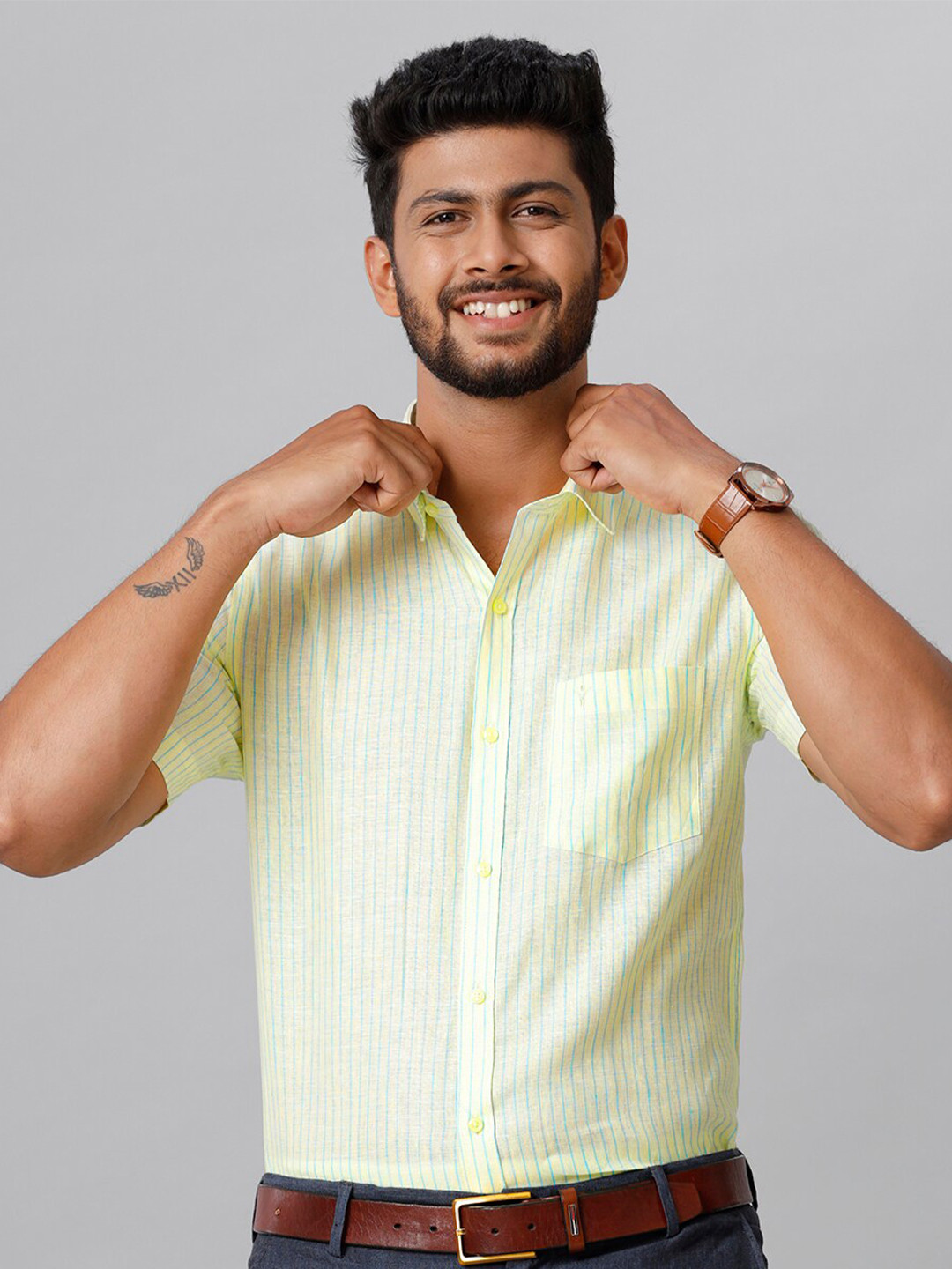 

Ramraj Smart Tailored Fit Striped Linen Shirt, Yellow