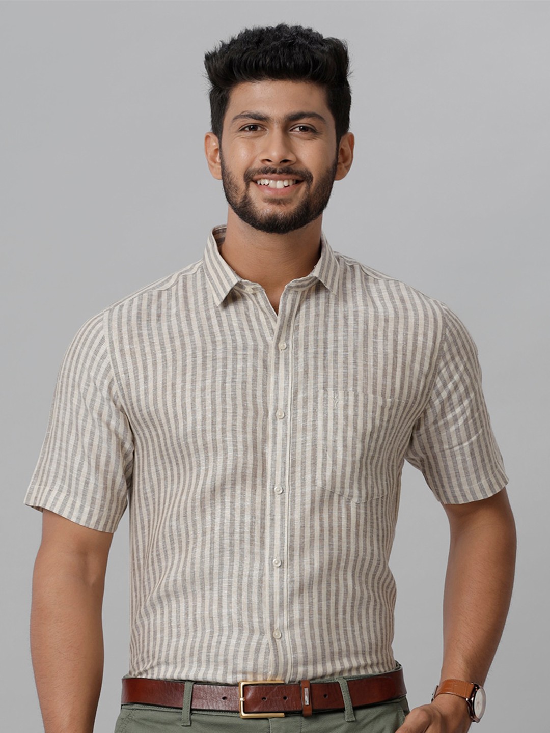 

Ramraj Vertical Striped Smart Tailored Fit Linen Formal Shirt, Brown