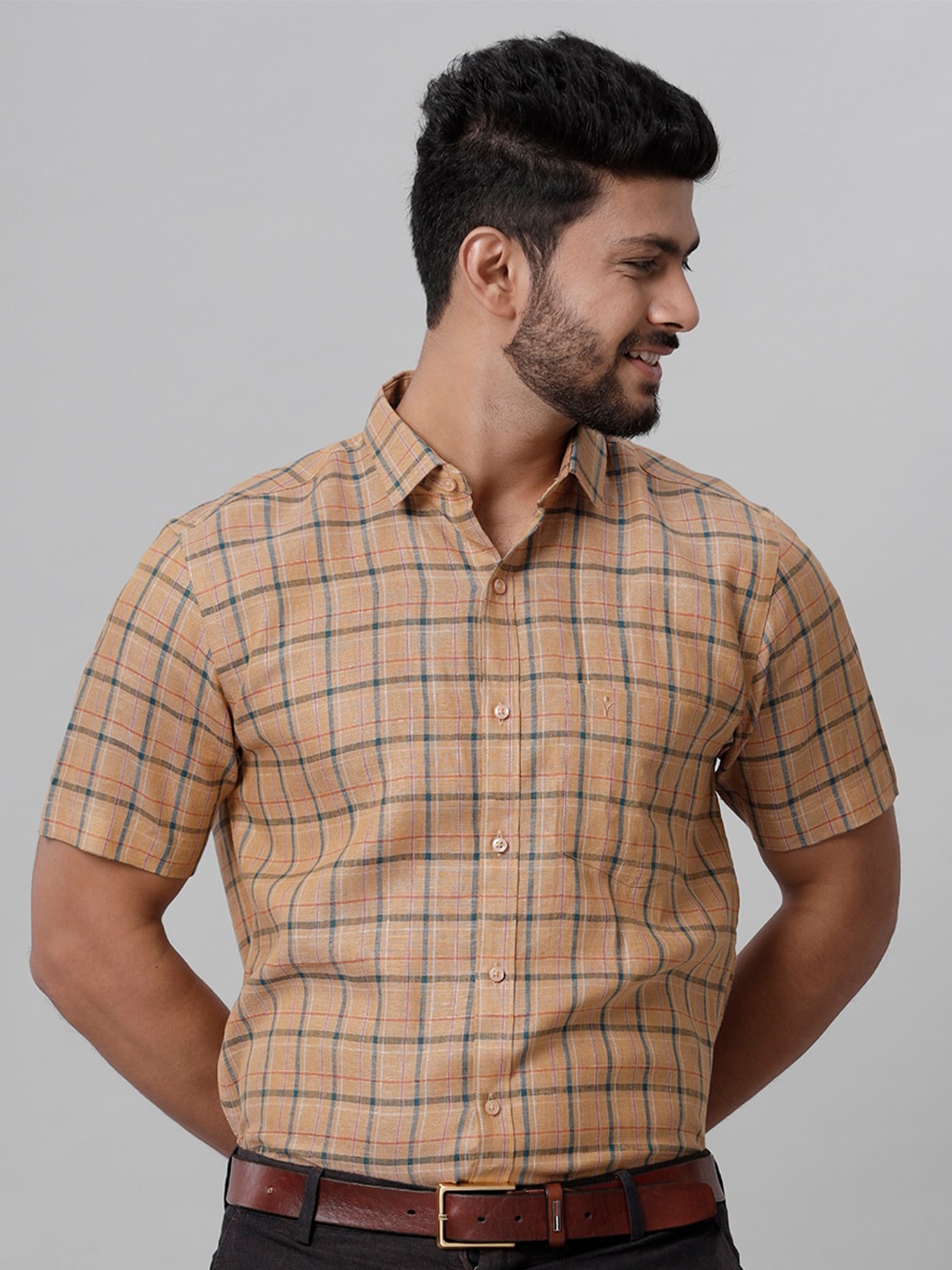 

Ramraj Smart Tailored Fit Checked Linen Casual Shirt, Brown