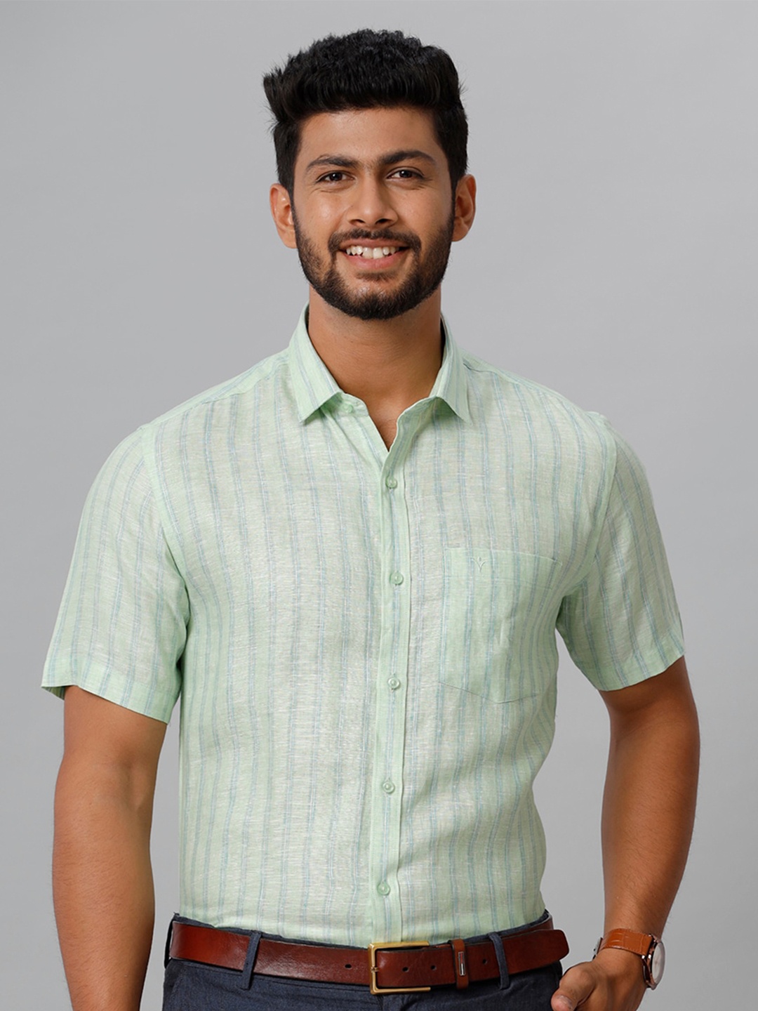 

Ramraj Smart Vertical Striped Linen Tailored Fit Formal Shirt, Green