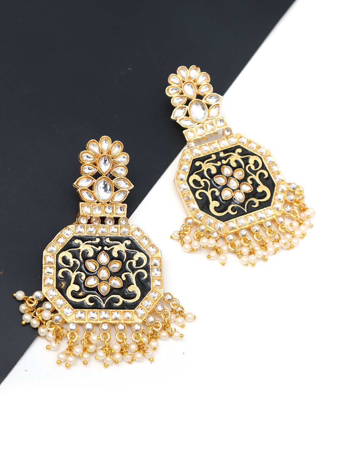 

Ozanoo Gold-Plated Floral Kundan Studded Meenakari Drop Earrings, Black