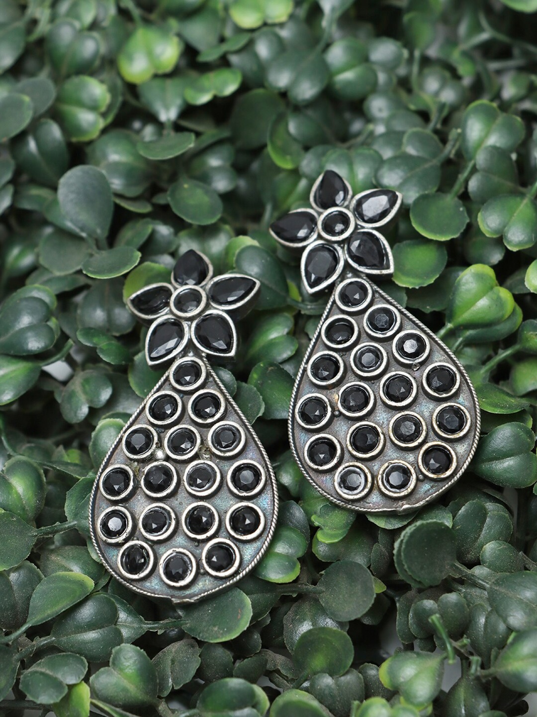 

Ozanoo Silver Plated Floral Drop Earrings, Black