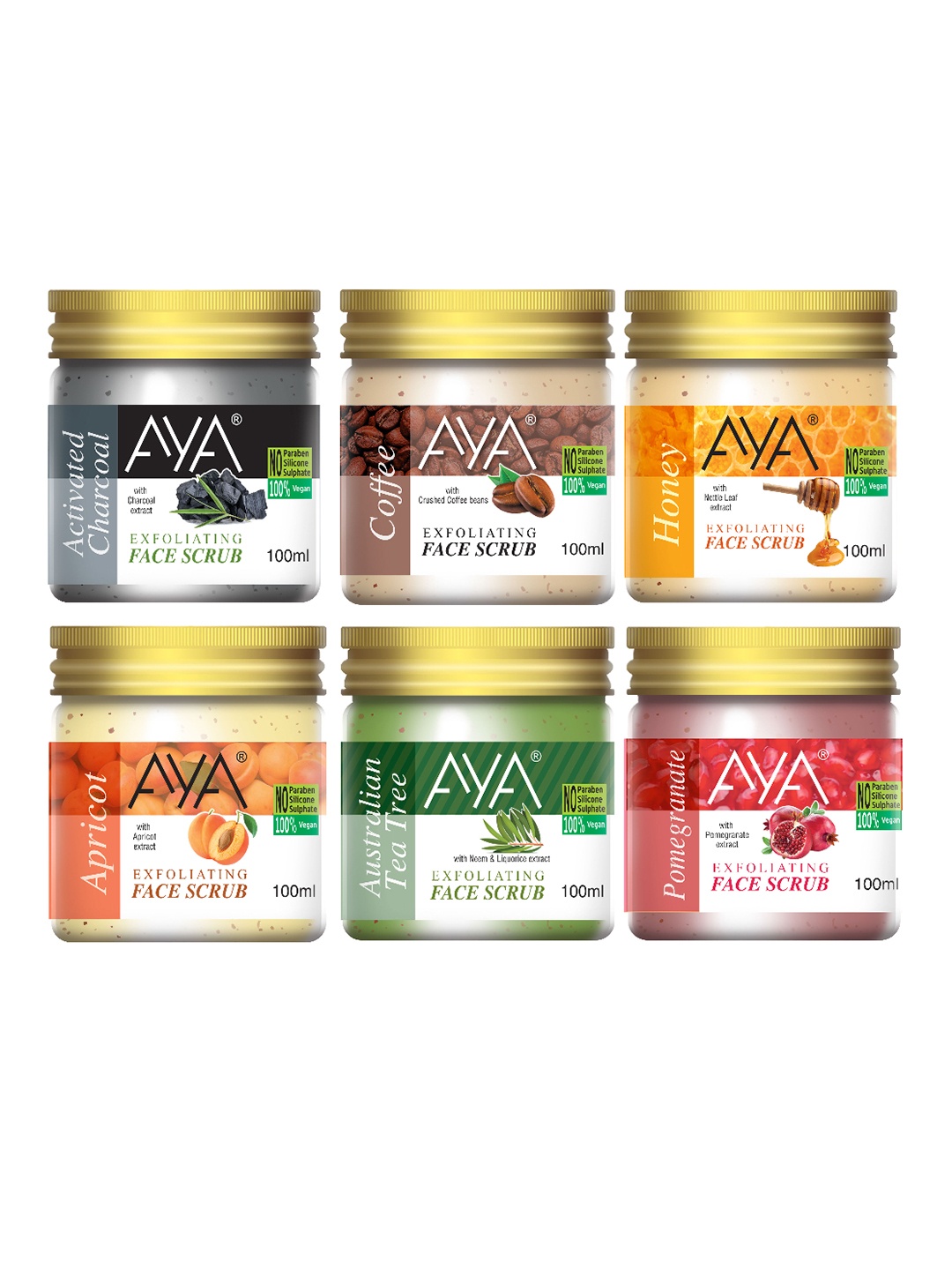 

AYA Set of Charcoal-Coffee-Honey-Apricot-Tea Tree-Pomegranate Face Scrubs -100 ml Each, Red