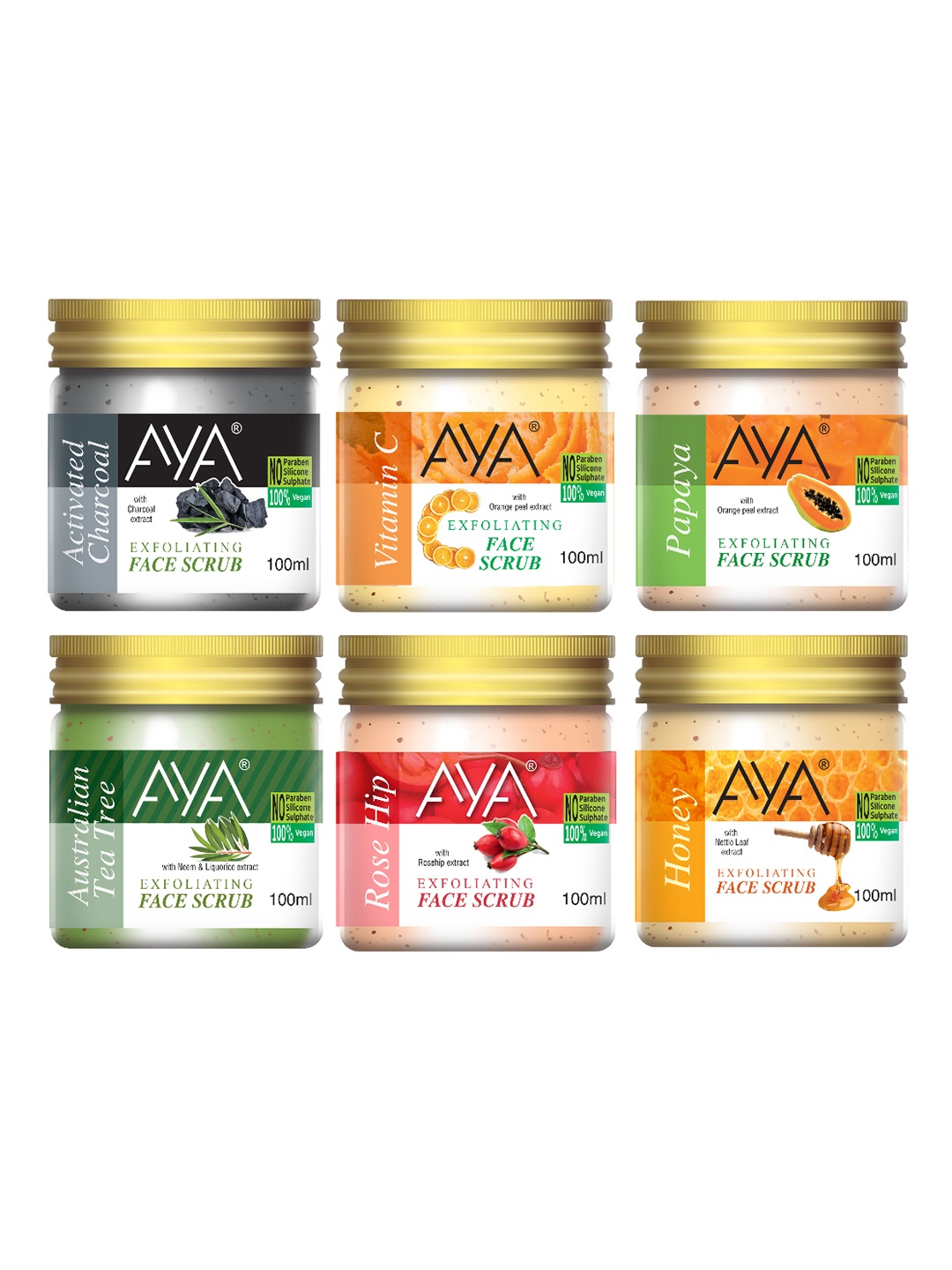 

AYA Set of Charcoal-Vitamin C-Papaya-Tea Tree-Rosehip-Honey Face Scrubs -100 ml Each, Green