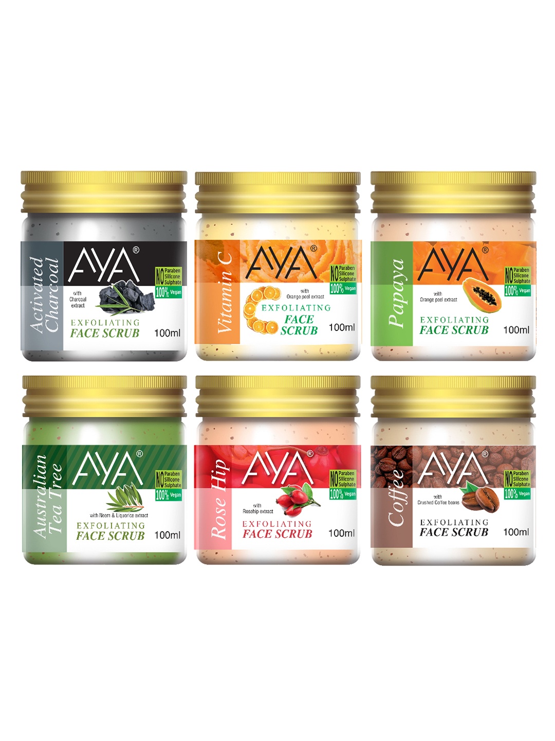 

AYA Set of Charcoal-Vitamin C-Papaya-Tea Tree-Rosehip-Coffee Face Scrubs -100 ml Each, Green