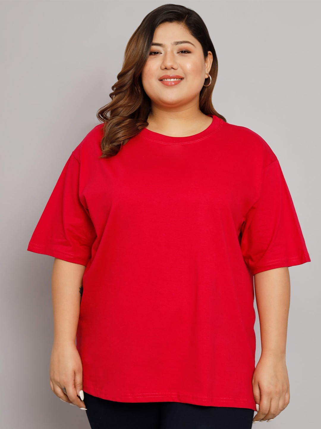 

Funday Fashion Drop-Shoulder Sleeves Oversized Loose Cotton T-Shirt, Red