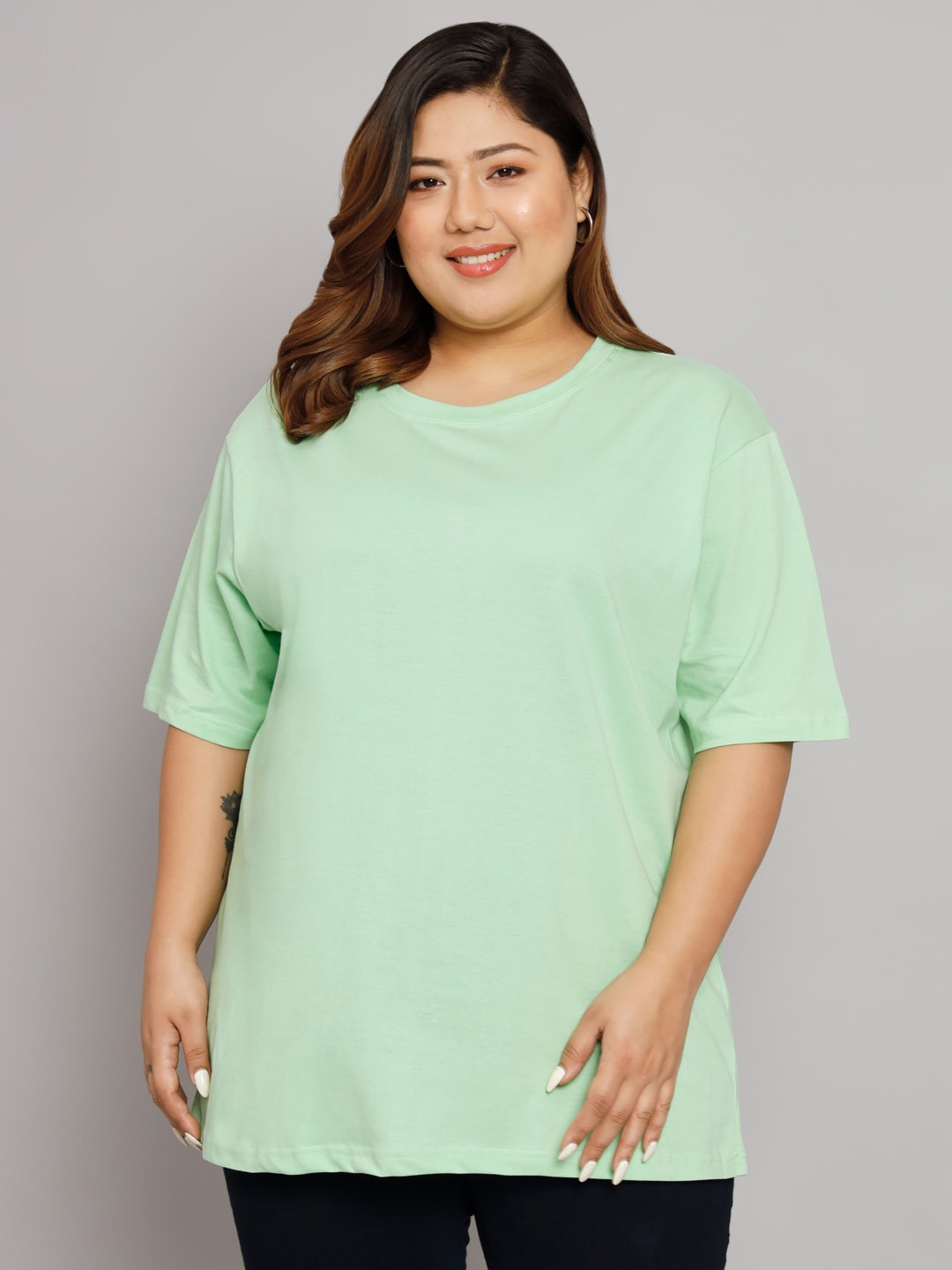 

Funday Fashion Drop-Shoulder Sleeves Oversized Loose Cotton T-Shirt, Sea green