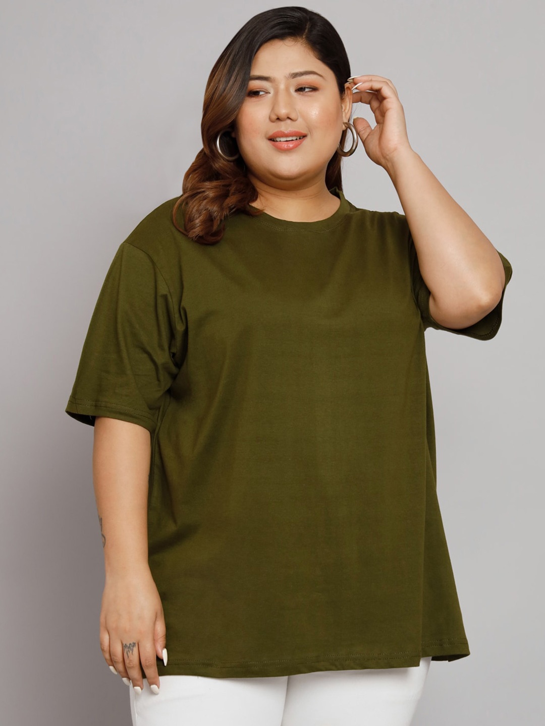 

Funday Fashion Drop Shoulder Oversized Loose Cotton T-Shirt, Olive