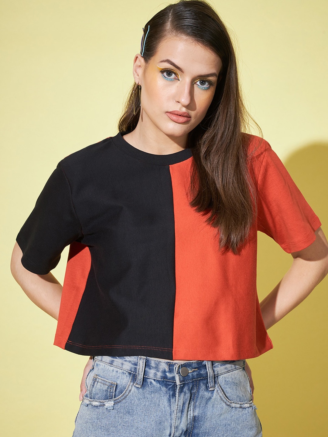 

GUTI Colourblocked Knitted Cotton Boxy T-Shirt, Black