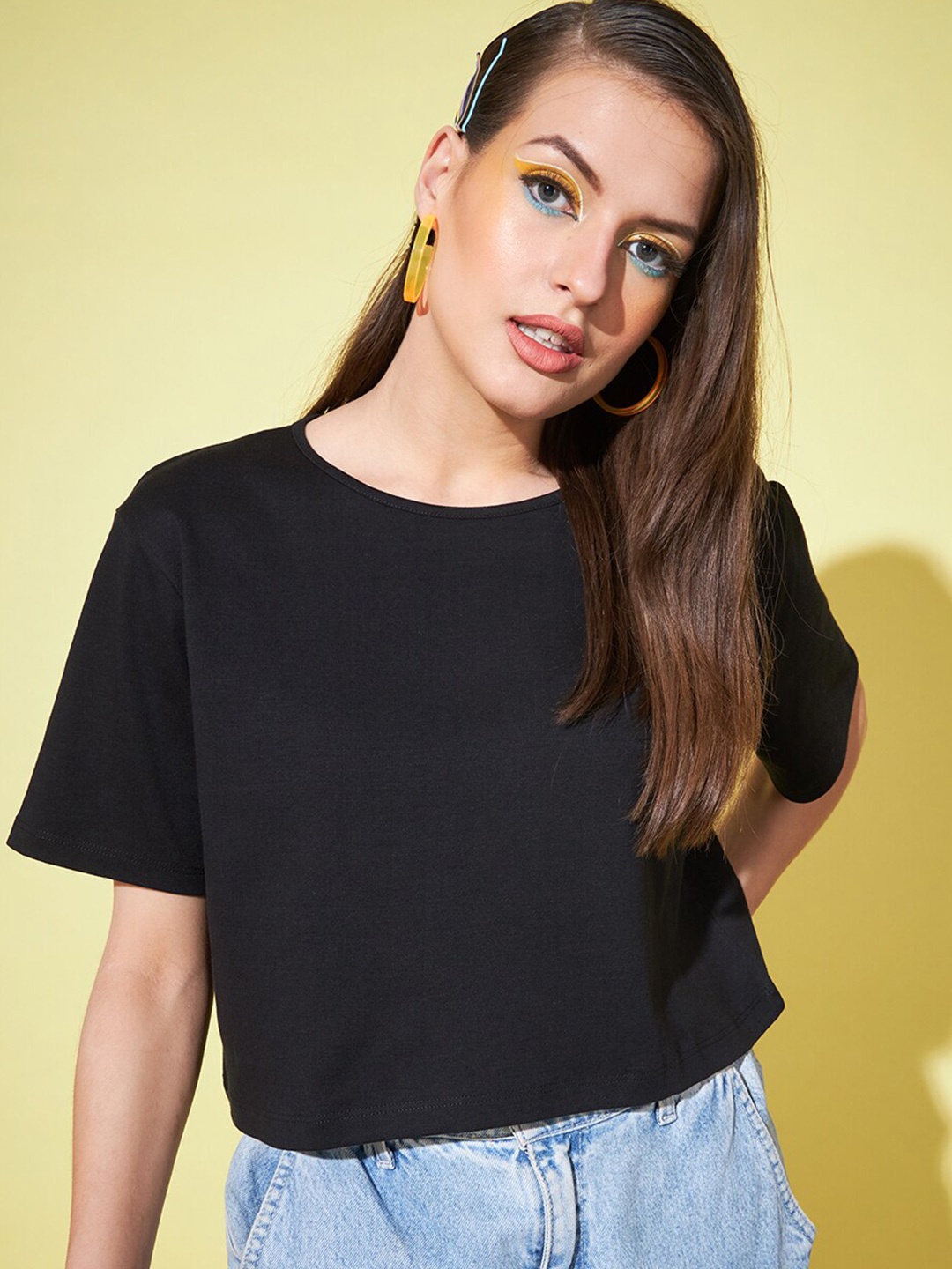 

GUTI Cotton Round Neck Crop Top, Black