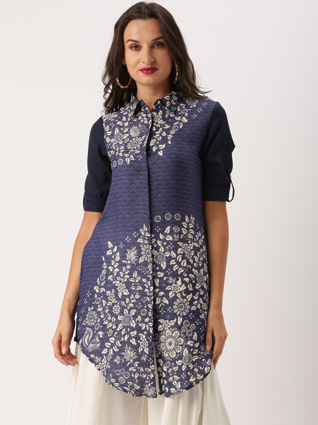 

IMARA Women Navy Printed A-Line Kurta, Navy blue