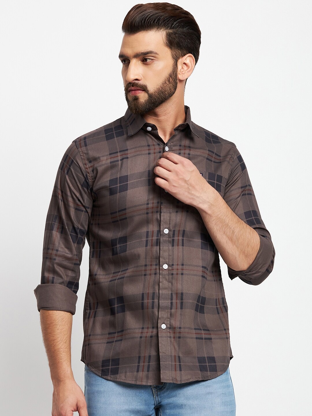 

FirstKrush Slim Fit Tartan Checked Cotton Casual Shirt, Brown