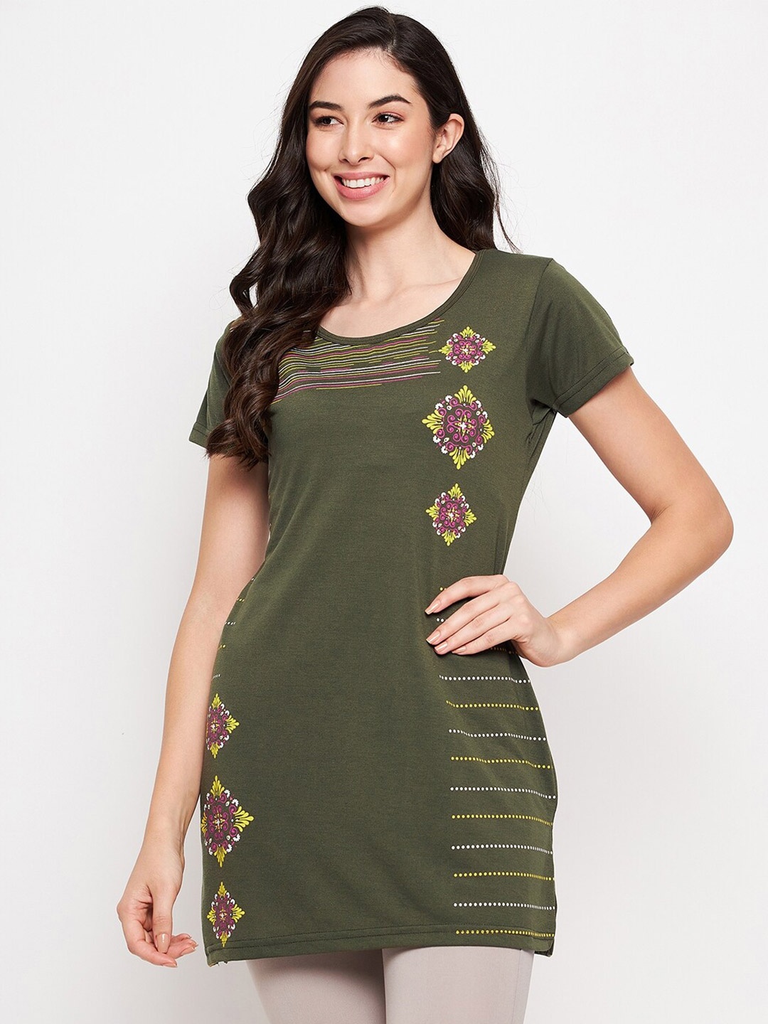 

VERO AMORE Ethnic Motifs Printed Longline Cotton T-shirt, Olive