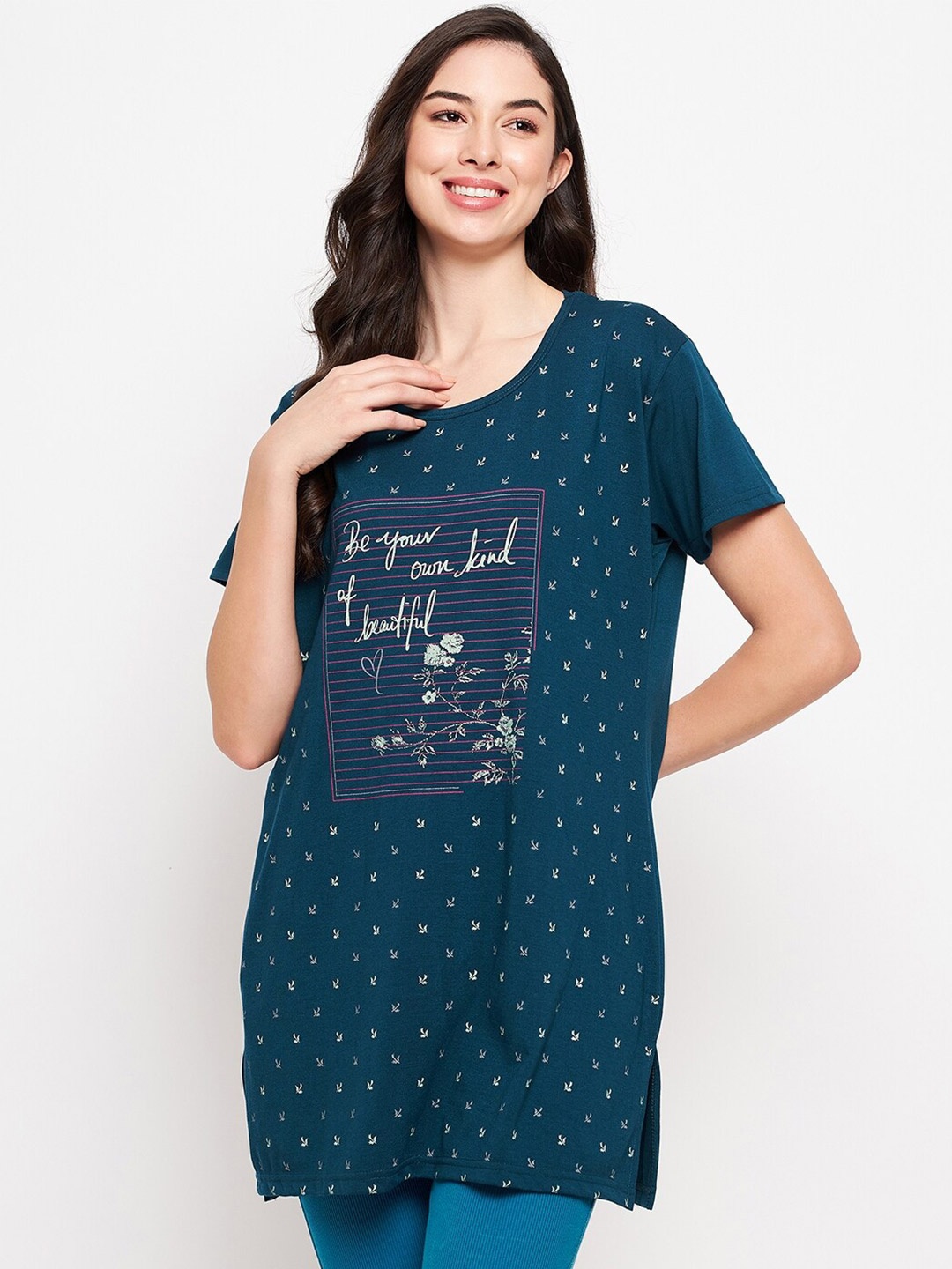 

VERO AMORE Typography Printed Longline Cotton T-shirt, Teal