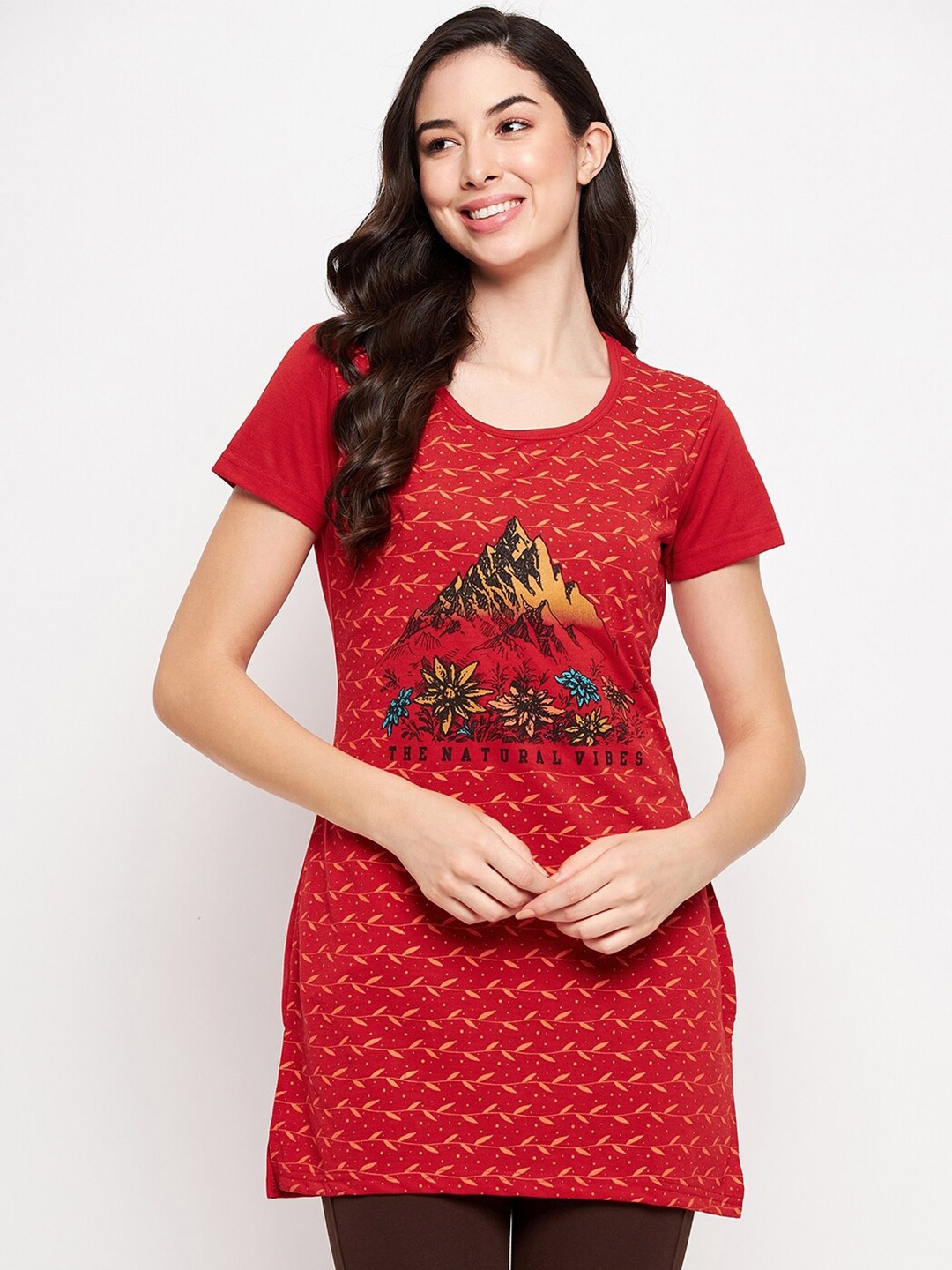 

VERO AMORE Round Neck Printed Cotton Lounge T-shirt, Red